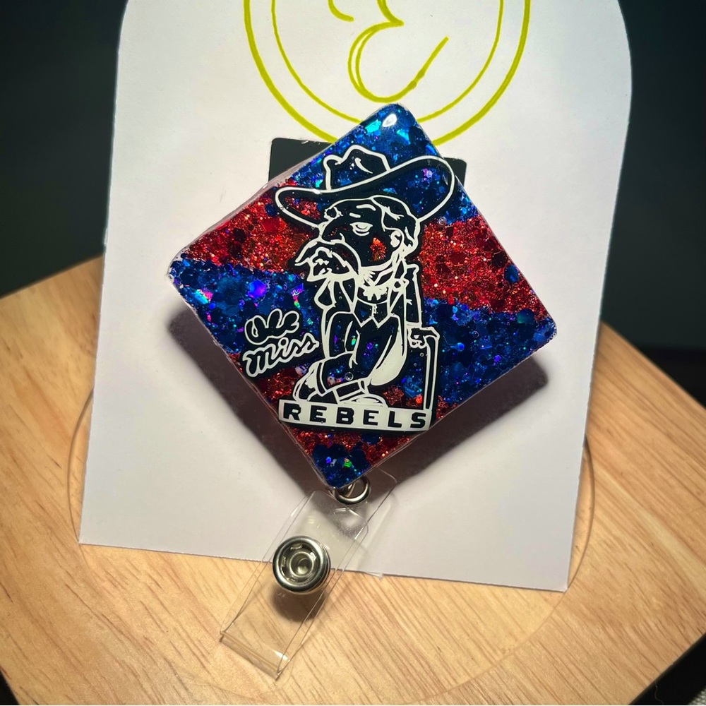 Ole Miss Rebels red blue glittered badge reel